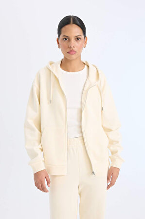 Relax Fit Kapüşonlu Cepli Basic Düz Fermuarlı Sweatshirt