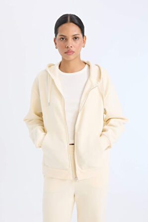 Relax Fit Kapüşonlu Cepli Basic Düz Fermuarlı Sweatshirt