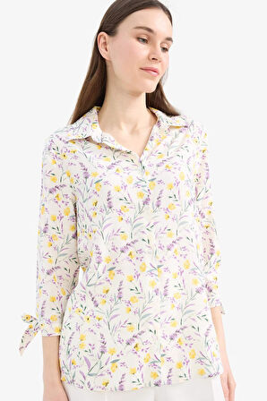 Loose Fit Çiçek Desenli Uzun Kollu Gömlek