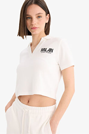 Fitted Polo Yaka Nakış Baskı Baskılı Modal Kısa Kollu Tişört