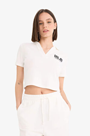 Fitted Polo Yaka Nakış Baskı Baskılı Modal Kısa Kollu Tişört