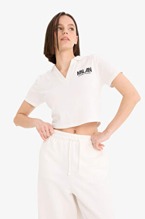 Fitted Polo Yaka Nakış Baskı Baskılı Modal Kısa Kollu Tişört