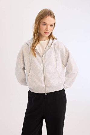 Coool Standart Fit Kapüşonlu Basic Düz Kanguru Cepli Fermuarlı Sweatshirt