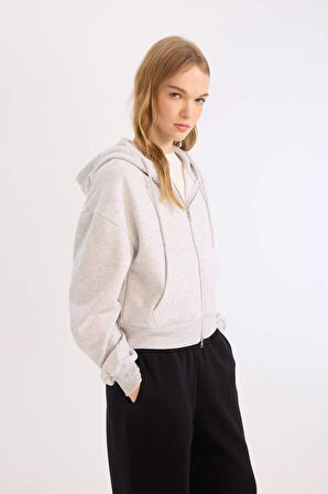 Coool Standart Fit Kapüşonlu Basic Düz Kanguru Cepli Fermuarlı Sweatshirt