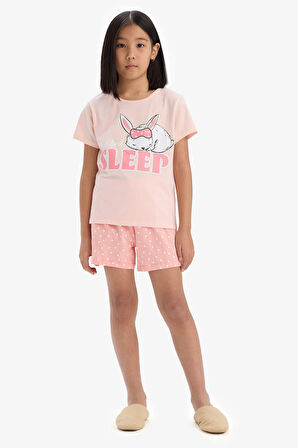 DeFacto Kız Çocuk Pijama Takımı Baskılı Kısa Kollu Üst Esnek Belli Şort E6227A825HSPN212