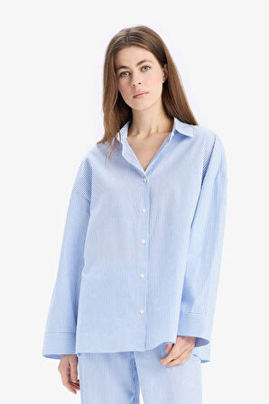 DeFacto Çizgili Pijama Yaka Poplin Pijama Üstü-Fall in Love E3113AX25SPBE747