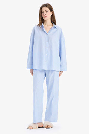 Fall in Love Çizgili Pijama Yaka Poplin Pijama Üstü