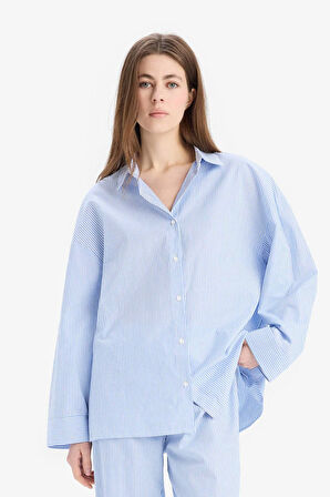 Fall in Love Çizgili Pijama Yaka Poplin Pijama Üstü