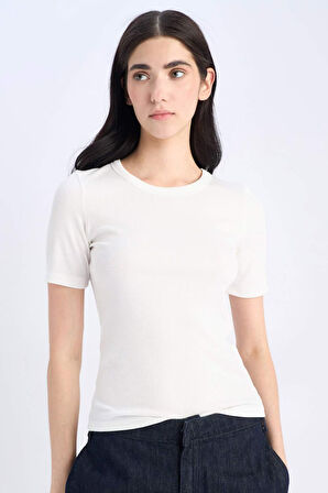Slim Fit Dar Kesim Bisiklet Yaka Fitilli Kaşkorse Basic Düz Kısa Kollu Tişört