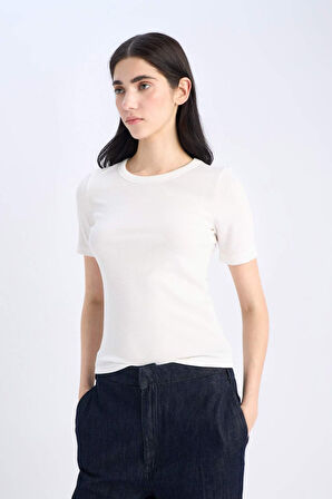 Slim Fit Dar Kesim Bisiklet Yaka Fitilli Kaşkorse Basic Düz Kısa Kollu Tişört