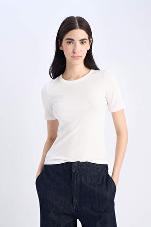Slim Fit Dar Kesim Bisiklet Yaka Fitilli Kaşkorse Basic Düz Kısa Kollu Tişört