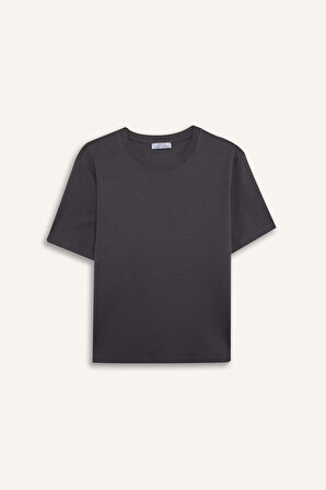 Regular Fit Bisiklet Yaka Basic Düz Kalın Kumaş Kısa Kollu Tişört