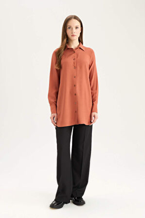 Regular Fit Basic Düz Uzun Kollu Gömlek Tunik	