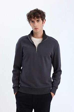 DeFacto Comfort Regular Fit Rahat Kalıp Fermuarlı Dik Yaka Basic Düz Sweatshirt X7405AZ24AUAR214