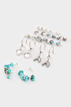 Kadın Mavi Taşlı 11'li Silver Küpe