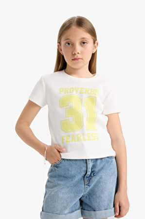 DeFacto Kız Çocuk Slim Fit Dar Kesim Bisiklet Yaka Baskılı Kısa Kollu Tişört E5897A825SMWT32