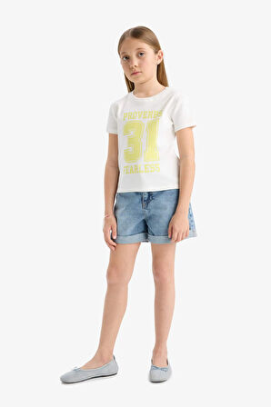 DeFacto Kız Çocuk Slim Fit Dar Kesim Bisiklet Yaka Baskılı Kısa Kollu Tişört E5897A825SMWT32