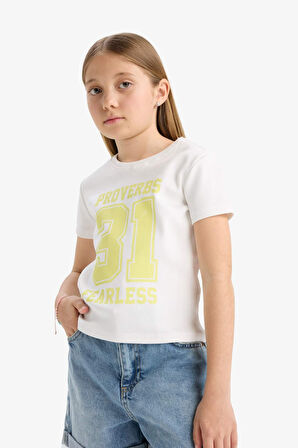 DeFacto Kız Çocuk Slim Fit Dar Kesim Bisiklet Yaka Baskılı Kısa Kollu Tişört E5897A825SMWT32