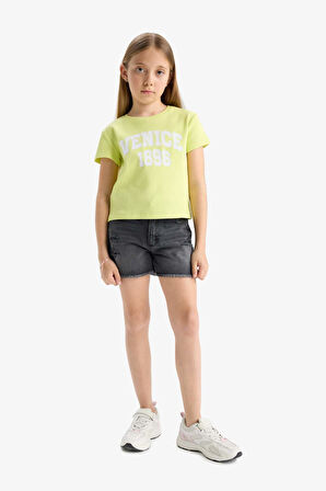 Kız Çocuk Slim Fit Dar Kesim Bisiklet Yaka Fitilli Kaşkorse Kısa Kollu Tişört