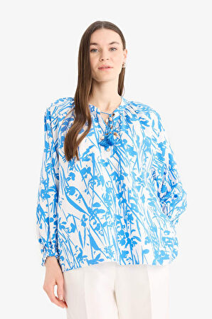 DeFacto Relax Fit Bağcıklı Yaka Desenli Uzun Kollu Tesettür Gömlek Tunik E1100AX25HSBE405