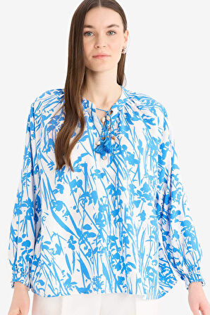 DeFacto Relax Fit Bağcıklı Yaka Desenli Uzun Kollu Tesettür Gömlek Tunik E1100AX25HSBE405