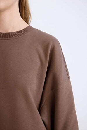 Oversize Geniş Kalıp Bisiklet Yaka Kalın Basic Düz Sweatshirt