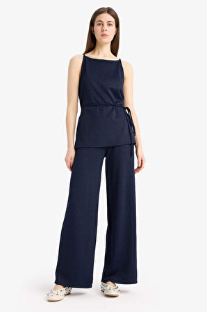 Wide Leg Basic Düz Pike Geniş Paça Pantolon