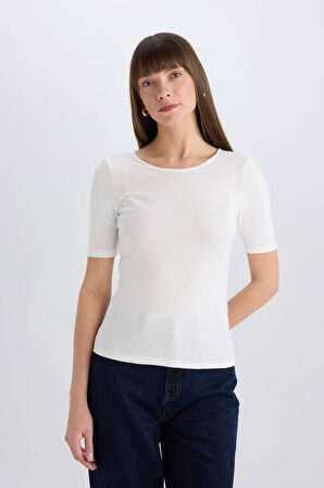 DeFacto Slim Fit Dar Kesim Bisiklet Yaka Basic Düz Fitilli Kaşkorse Kısa Kollu Tişört E5776AX25SPER105