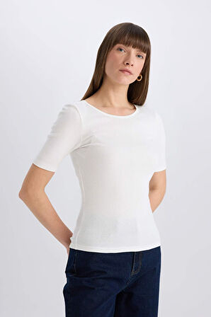 DeFacto Slim Fit Dar Kesim Bisiklet Yaka Basic Düz Fitilli Kaşkorse Kısa Kollu Tişört E5776AX25SPER105