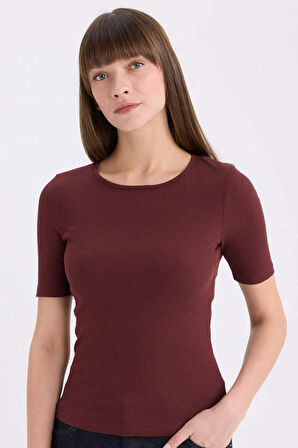 Slim Fit Dar Kesim Bisiklet Yaka Casual Fitilli Kaşkorse Kısa Kollu Tişört