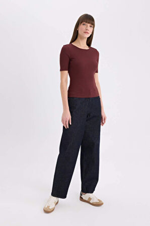 Slim Fit Dar Kesim Bisiklet Yaka Casual Fitilli Kaşkorse Kısa Kollu Tişört