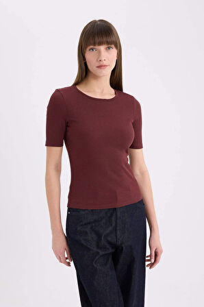 Slim Fit Dar Kesim Bisiklet Yaka Casual Fitilli Kaşkorse Kısa Kollu Tişört