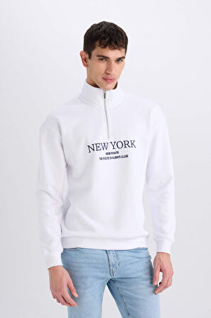 Boxy Fit Dik Yaka Fermuarlı Baskılı Sweatshirt