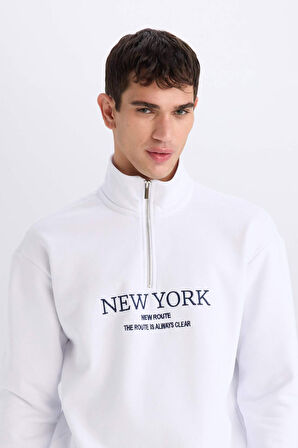 Boxy Fit Dik Yaka Fermuarlı Baskılı Sweatshirt