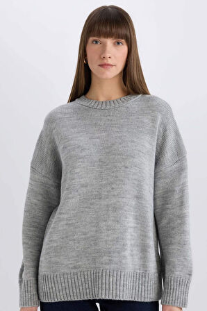 Oversize Geniş Kalıp Bisiklet Yaka Basic Düz Triko Kazak