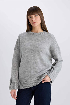 Oversize Geniş Kalıp Bisiklet Yaka Basic Düz Triko Kazak