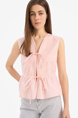 Fitted V Yaka Poplin Kolsuz Bluz