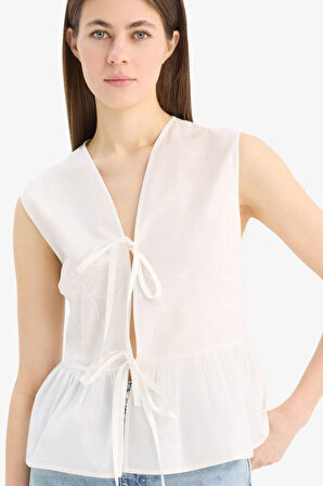 Fitted V Yaka Poplin Kolsuz Bluz