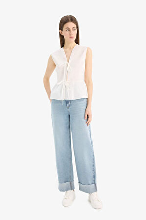 Fitted V Yaka Poplin Kolsuz Bluz
