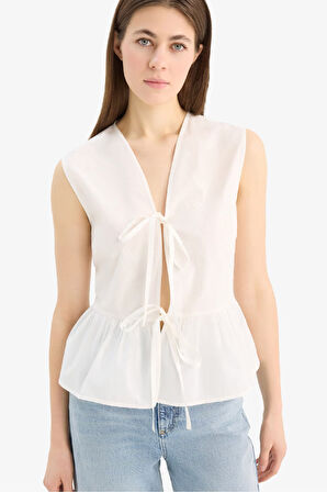 Fitted V Yaka Poplin Kolsuz Bluz