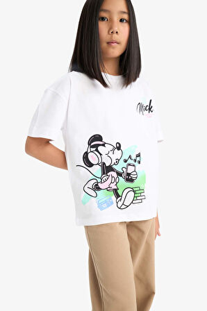 Kız Çocuk Disney Mickey & Minnie Oversize Geniş Kalıp Bisiklet Yaka Kısa Kollu Tişört