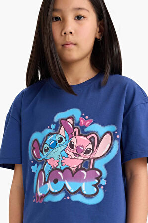 Kız Çocuk Disney Lilo & Stitch Relax Fit Bisiklet Yaka Kısa Kollu Tişört