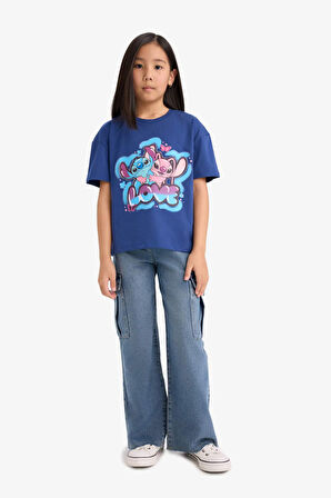 Kız Çocuk Disney Lilo & Stitch Relax Fit Bisiklet Yaka Kısa Kollu Tişört