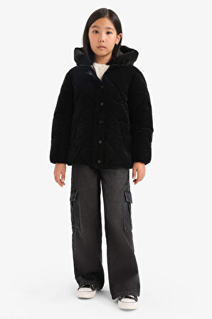 Kız Çocuk Kapüşonlu Fermuarlı Çıtçıtlı Kapitoneli Mont