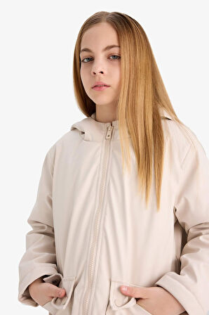 Kız Çocuk Su İtici Kapüşonlu Fermuarlı Yağmurluk