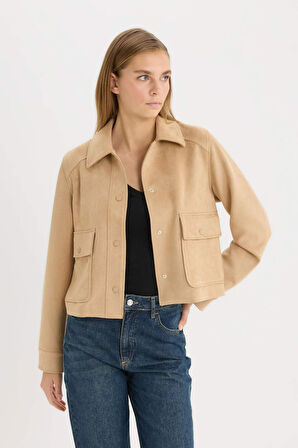 Regular Fit Polo Yaka Cepli Basic Düz Süet Ceket Mont