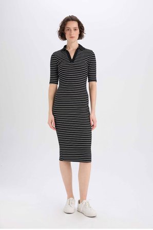 DeFacto Bodycon Vücudu Saran Polo Yaka Fitilli Kaşkorse Kısa Kollu Mıdı Elbise E6792AX25SPBK27