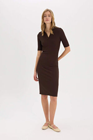 DeFacto Bodycon Vücudu Saran Polo Yaka Basic Düz Fitilli Kaşkorse Kısa Kollu Midi Elbise E6806AX25SPBN267