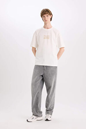 Boxy Fit Bisiklet Yaka Baskılı Kısa Kollu Tişört