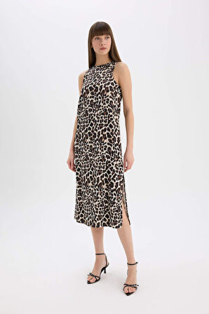 DeFacto Leopar Desenli Yuvarlak Yaka Saten Kolsuz Midi Abiye Elbise D7593AX25SPBK81